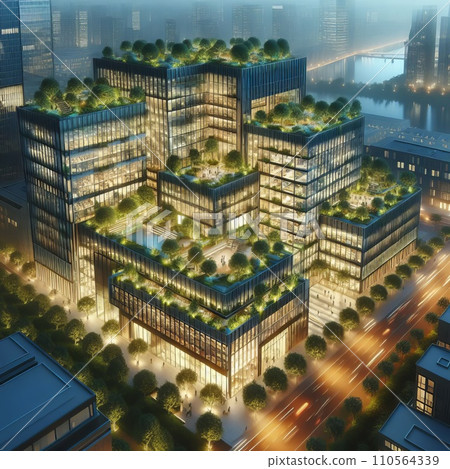 aerial evening view of modern eco-friendly green office building with green plants 110564339