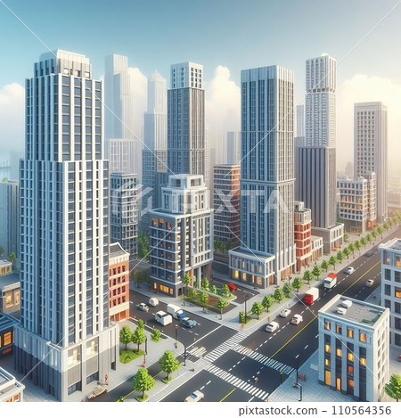 aerial view of modern city with skyscrapers in cartoon style aerial view of modern city with skyscrapers in cartoon style 110564356
