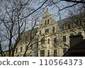 Riga in winter, view of an Art Nouveau building through a pattern of trees. Riga, Latvia. High quality photo 110564373