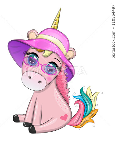 Cute cartoon unicorn dressed as a hula dancer, Hawaii, ready to go character. Summer, sea, palm trees, beach. Cute cartoon unicorn dressed as a hula dancer, Hawaii, ready to go character. Summer, sea, palm trees, beach. 110564497