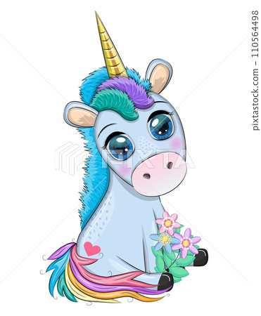 Pink unicorn pony sitting. Cute baby card, baby girl with big eyes Pink unicorn pony sitting. Cute baby card, baby girl with big eyes 110564498