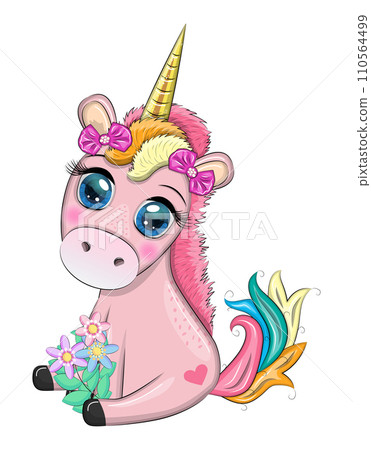 Pink unicorn pony sitting. Cute baby card, baby girl with big eyes Pink unicorn pony sitting. Cute baby card, baby girl with big eyes 110564499