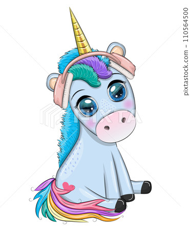 Cute Cartoon Unicorn with headphones on a blue background Cute Cartoon Unicorn with headphones on a blue background 110564500