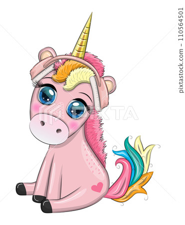 Cute Cartoon Unicorn with headphones on a blue background 110564501