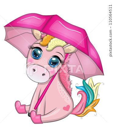 Cute unicorn with an umbrella, it's raining, yellow leaves and the inscription Autumn is coming. 110564511