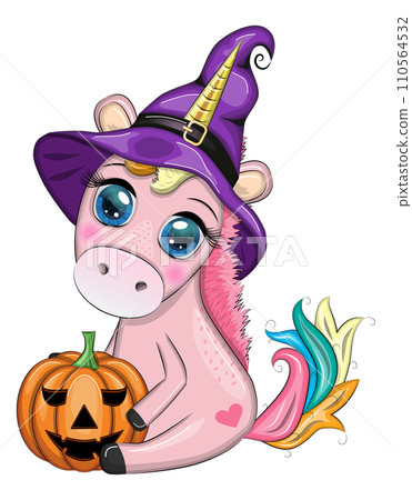 Cute cartoon unicorn in purple witch hat, with pumpkins, potion or broom, Halloween holiday character 110564532