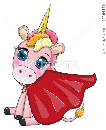 Cute unicorn character with cloak as super hero. Cartoon design illustration isolated Cute unicorn character with cloak as super hero. Cartoon design illustration isolated 110564556