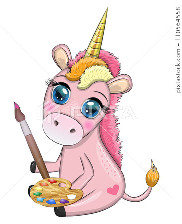 Cute cartoon unicorn with paint palette and paintbrush, artist profession. Cute cartoon unicorn with paint palette and paintbrush, artist profession. 110564558