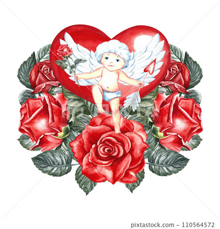 Cute little cupid on the background of a red heart with roses. Hand-drawn watercolor illustration. For lovers, Valentine's day and weddings. For posters, greeting cards. For printing and stickers. 110564572