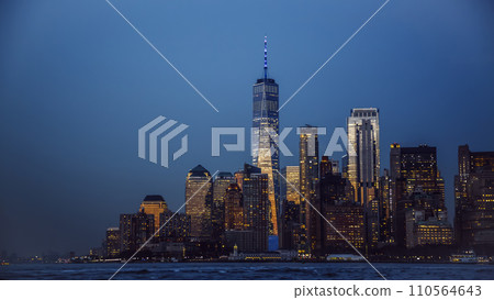 View of Manhattan from Hudson bay at twilight 110564643