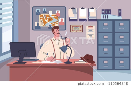 Detective at work in office. Private or police agent at workspace do investigation and thinking about evidences. Thoughtful investigator kicky vector scene 110564848