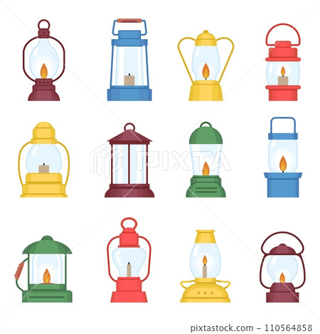 Kerosine lamps, flat lanterns with candles and gas lamp with fire. Isolated vintage camp equipment, travelling lights decent vector clipart 110564858
