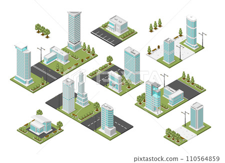 Isometric city modules. Modern suburbs, urban construction plan. Various districts with parks and public zones, architecture projects flawless vector set 110564859