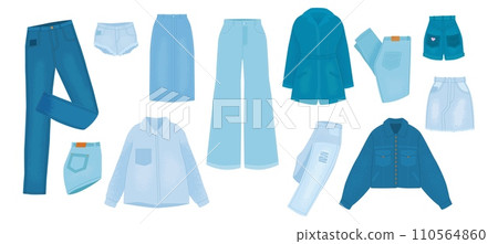 Denim clothes isolated set. Jeans style trench and skirt, pants, shirt and shorts. Trendy wear, casual fashion jacket. Cartoon outfits snugly vector clipart 110564860