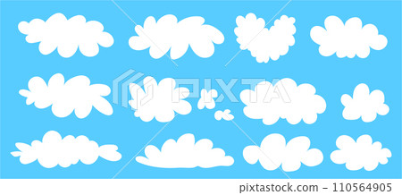 Simple white clouds set. Cute and kawaii elements collection on blue bg. Vector naive art illustration 110564905