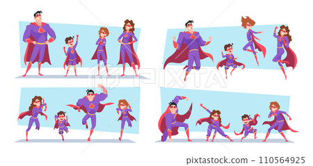 Heroes family. Parents and kids superheroes exact vector cartoon illustrations Heroes family. Parents and kids superheroes exact vector cartoon illustrations 110564925