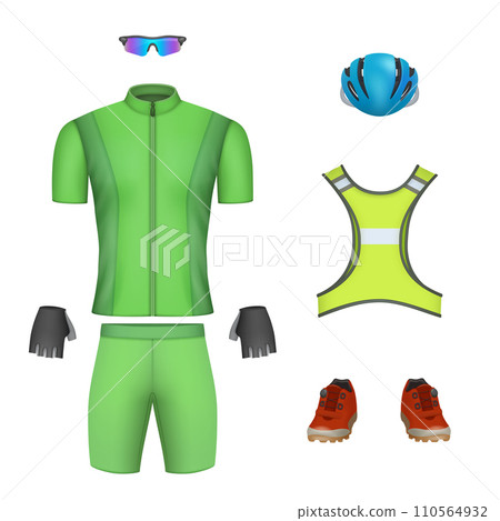Cycling clothes. Sportswear collection jersey clothes decent vector realistic wardrobe Cycling clothes. Sportswear collection jersey clothes decent vector realistic wardrobe 110564932