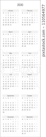 Monthly calendar of year 2030. Week starts on Monday. Block of months in two columns vertical arrangement. Simple thin minimalist design. Vector illustration. 110564977