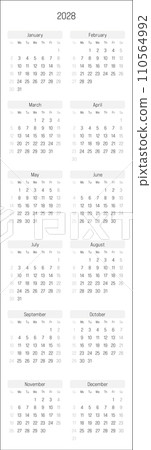 Monthly calendar of year 2028. Week starts on Sunday. Block of months in two columns vertical arrangement. Simple thin minimalist design. Vector illustration. 110564992