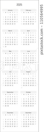 Monthly calendar of year 2025. Week starts on Sunday. Block of months in two columns vertical arrangement. Simple thin minimalist design. Vector illustration. 110564995