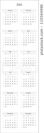 Monthly calendar of year 2024. Week starts on Sunday. Block of months in two columns vertical arrangement. Simple thin minimalist design. Vector illustration. Monthly calendar of year 2024. Week starts on Sunday. Block of months in two columns vertical arrangement. Simple thin minimalist design. Vector illustration. 110564996