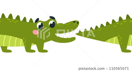 Cute crocodile print. Funny alligator bites tail. Seamless pattern border for wall sticker. Isolated cartoon animal for t-shirt or sweater, classy vector design Cute crocodile print. Funny alligator bites tail. Seamless pattern border for wall sticker. Isolated cartoon animal for t-shirt or sweater, classy vector design 110565071