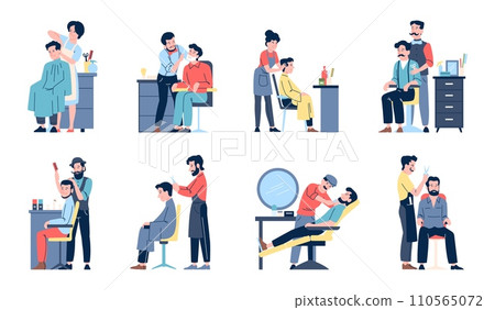 Barbers characters. Male in barbershop, hairdresser and clients. Beauty salon for men, stylish guys doing haircut and care beard, recent vector set Barbers characters. Male in barbershop, hairdresser and clients. Beauty salon for men, stylish guys doing haircut and care beard, recent vector set 110565072