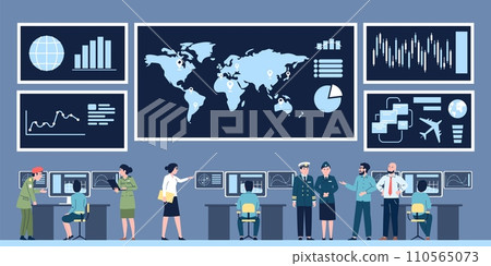 Command control center. Government digital service, military agency. Giant monitors with graphs and people in uniform, recent vector illustration Command control center. Government digital service, military agency. Giant monitors with graphs and people in uniform, recent vector illustration 110565073