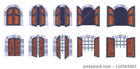 Castle door opened. Medieval wooden gates open animation process. Old doors closed, palace or dungeon gateways opening, nowaday vector concept Castle door opened. Medieval wooden gates open animation process. Old doors closed, palace or dungeon gateways opening, nowaday vector concept 110565081
