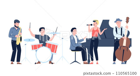 Jazz band concert. Young female singer and musicians. People play piano, cello, saxophone and drums. Live music entertainment recent vector scene Jazz band concert. Young female singer and musicians. People play piano, cello, saxophone and drums. Live music entertainment recent vector scene 110565100