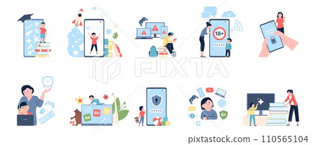 Gadget free time, kids digital content. Time limit with computer and low tech education. Children using gadgets with parental control, recent vector scenes 110565104