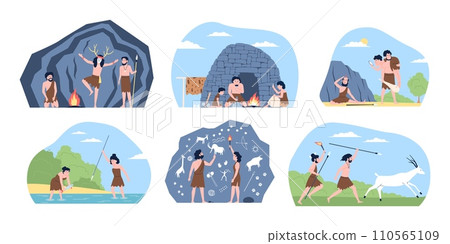 Prehistoric life scenes. Flat caveman friends and families. Neanderthal homo sapiens, hunters, male and female characters. Ancient recent vector set Prehistoric life scenes. Flat caveman friends and families. Neanderthal homo sapiens, hunters, male and female characters. Ancient recent vector set 110565109