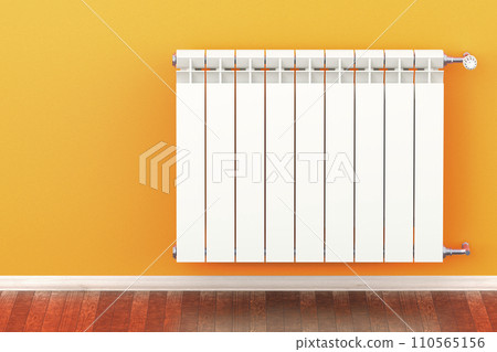 Heating radiator with radiator thermostatic valve in interior, 3D rendering Heating radiator with radiator thermostatic valve in interior, 3D rendering 110565156