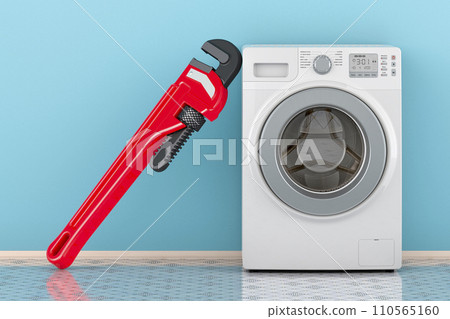 Washing machine with plumber wrench in interior. Repair and service of washing machine concept. 3D rendering Washing machine with plumber wrench in interior. Repair and service of washing machine concept. 3D rendering 110565160