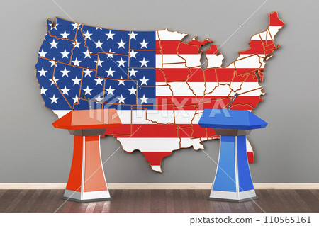 USA debate, concept with microphones and tribunes in interior. 3D rendering USA debate, concept with microphones and tribunes in interior. 3D rendering 110565161