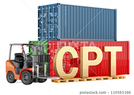 CPT concept. Forklift truck with cargo containers, 3D rendering CPT concept. Forklift truck with cargo containers, 3D rendering 110565166