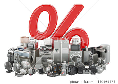 Kitchen and household appliances with discount percent. Sale and discount concept, 3D rendering Kitchen and household appliances with discount percent. Sale and discount concept, 3D rendering 110565171