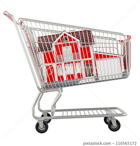 Shopping cart with home, 3D rendering Shopping cart with home, 3D rendering 110565172