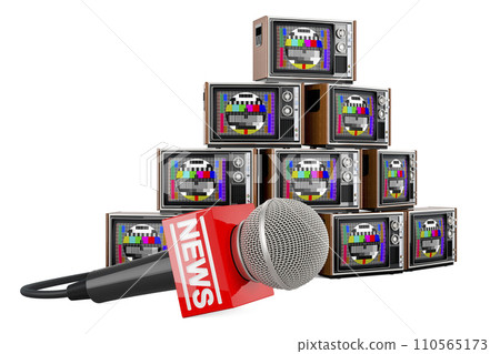TV News concept. Microphone news with TV sets. 3D rendering 110565173