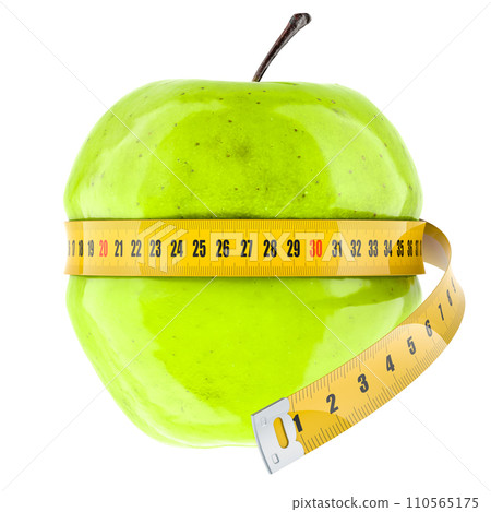 Green apple with measure tape around. Diet and weight loss concept. 3D rendering Green apple with measure tape around. Diet and weight loss concept. 3D rendering 110565175