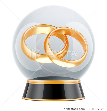 Marriage Prediction, concept. Crystal ball with golden wedding rings. 3D rendering Marriage Prediction, concept. Crystal ball with golden wedding rings. 3D rendering 110565178