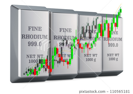 Rhodium ingots with candlestick chart, showing uptrend market. 3D rendering Rhodium ingots with candlestick chart, showing uptrend market. 3D rendering 110565181