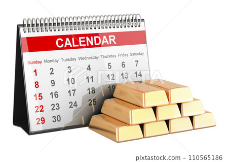 Desk calendar with gold bars, 3D rendering 110565186