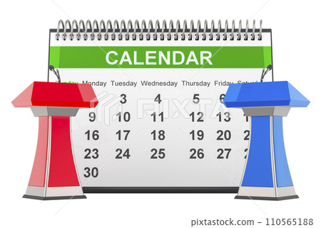 Debate date, concept. Desk calendar with microphones and tribunes, 3D rendering 110565188