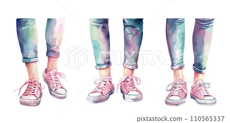 AI-generated content. Young girl legs in skinny jeans and pink sneakers. Isolated female foots, person walking or do out. Stylish fashion watercolor vector elements AI-generated content. Young girl legs in skinny jeans and pink sneakers. Isolated female foots, person walking or do out. Stylish fashion watercolor vector elements 110565337