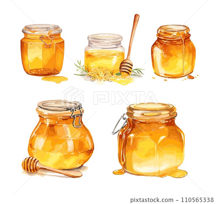 AI-generated content. Watercolor honey glass jars. Isolated sweet desserts, agriculture fresh products. Tasty nature sugar, vector collection AI-generated content. Watercolor honey glass jars. Isolated sweet desserts, agriculture fresh products. Tasty nature sugar, vector collection 110565338