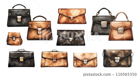 AI-generated content. Leather purse, handbags and paper folder. Business bags, clutch watercolor style graphic. Isolated fashion unisex accessories, vector clipart 110565350