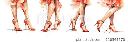 AI-generated content. Elegance woman legs in red shoes and dress. Watercolor style fashion illustration. Female sexy feet, isolated decorative vector elements AI-generated content. Elegance woman legs in red shoes and dress. Watercolor style fashion illustration. Female sexy feet, isolated decorative vector elements 110565370