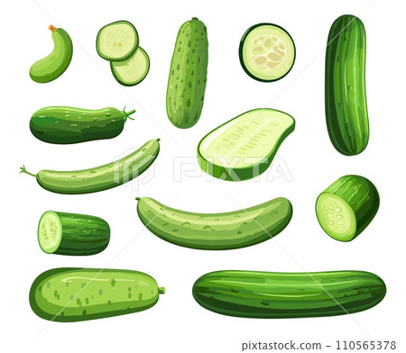 AI-generated content. Cartoon cucumbers collection. Cucumber isolated on white background, green fresh vegetable for preparing, salad and eating. Vector clipart AI-generated content. Cartoon cucumbers collection. Cucumber isolated on white background, green fresh vegetable for preparing, salad and eating. Vector clipart 110565378