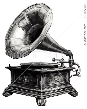 AI-generated content. Vintage gramophone sketch. Retro phonograph vector illustration, turntable vinyl record-player engraving, music speaker etching isolated 110565385